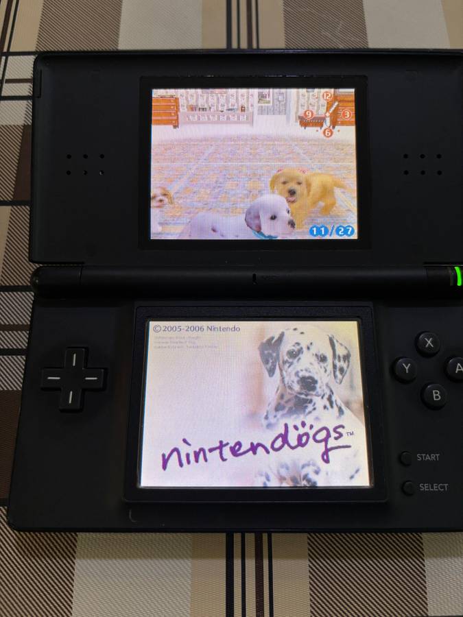 black Nintendo DS Lite with charger, stylus & free game