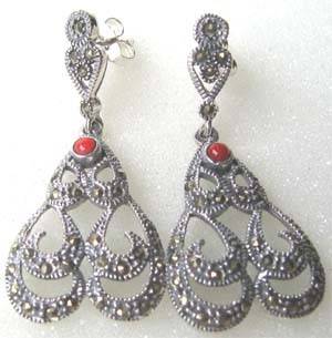 925-Sterling Silver, Marcasite & Coral  Earrings
