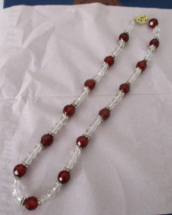Genuine Carnelian and Crystal Faceted Beads Necklace with Silver Clasp