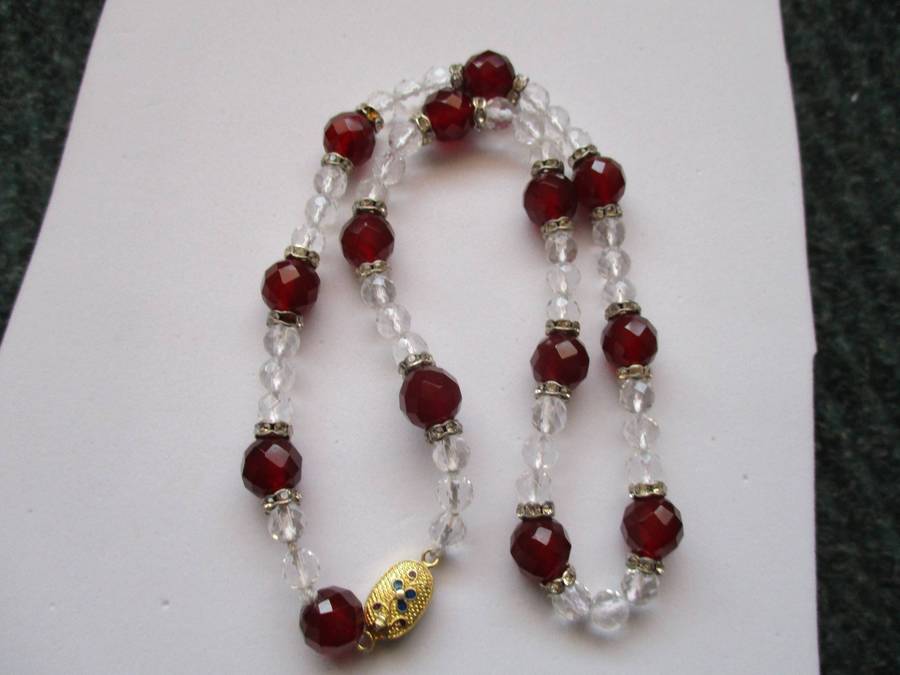 Genuine Carnelian and Crystal Faceted Beads Necklace with Silver Clasp