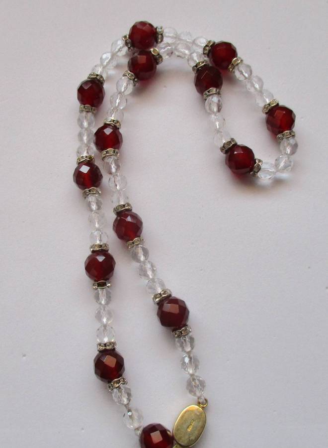 Genuine Carnelian and Crystal Faceted Beads Necklace with Silver Clasp