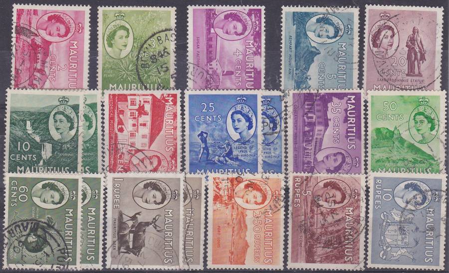 MAURITIUS - 1953 QE2, SET OF SINGLES TO 10 RUPEES (INCLUDING EXTRAS), FINE USED - CV:R510