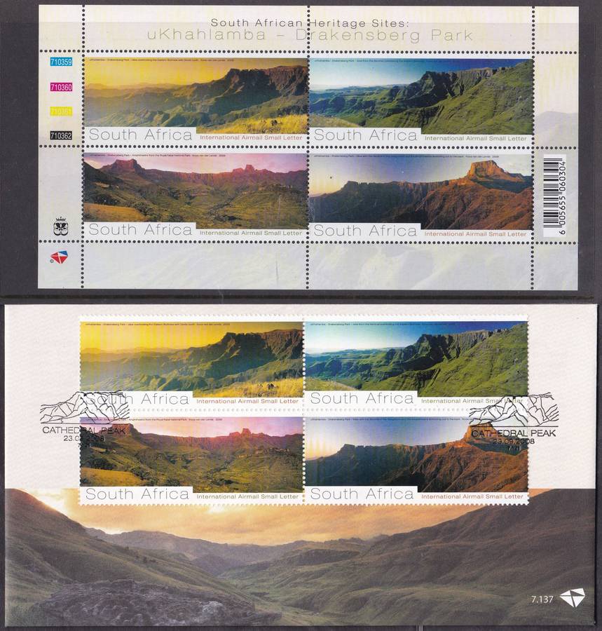RSA - SA HERITAGE SITES: DRAKENSBERG PARK, FDC 7.137 WITH U/M FULL SHEET - ALL FINE