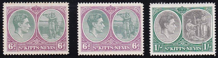 ST. KITTS & NEVIS - 1938 KGVI, 2 X 6D SHADES + 1 X 1/ SINGLES, FINE LIGHTLY M/M - CV:R1500