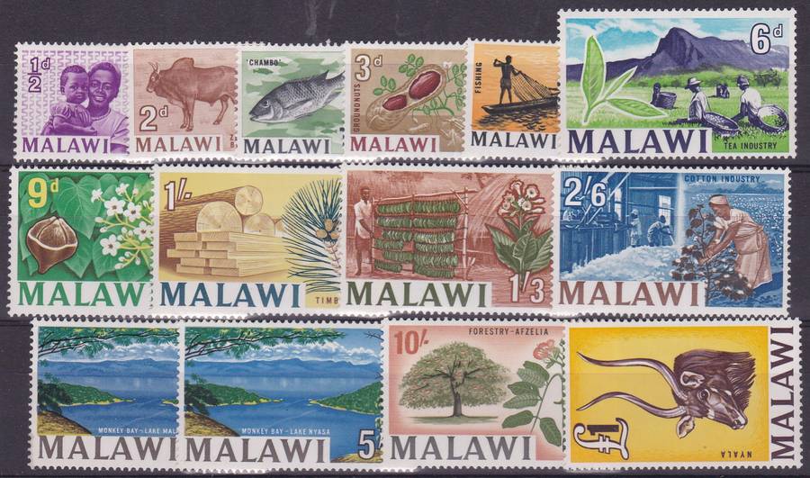 MALAWI - 1964 DEF ISSUE, SET OF SINGLES TO 1 POUND INCL BOTH 5/ ISSUES, FINE U/M - CV:R480