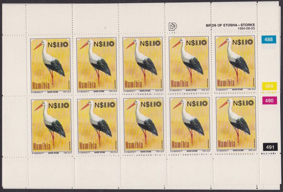 NAMIBIA - BIRDS OF ETOSHA (STORKS), SET OF 4 FULL SHEETS - FINE U/M