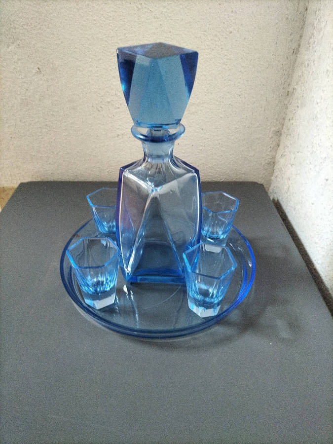 Vintage Libochovice / Sklo-Union Blue Glass Decanter Set with Tray (1960s)