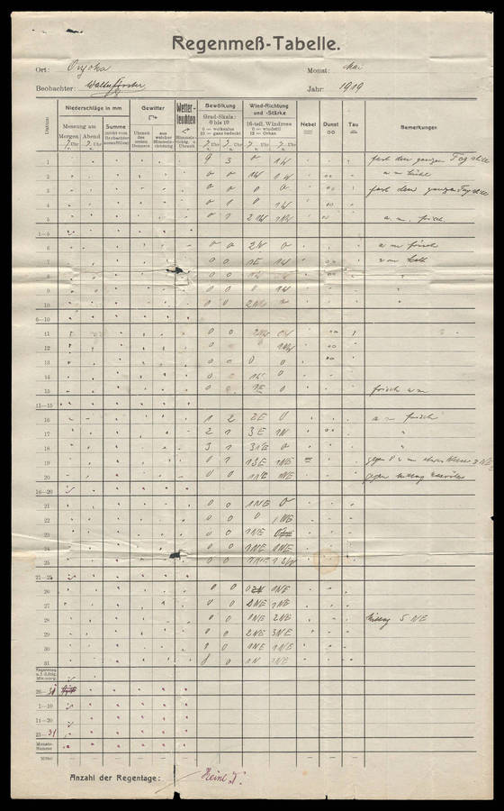 South West Africa. 1919 Onjoka Rainfall Record.