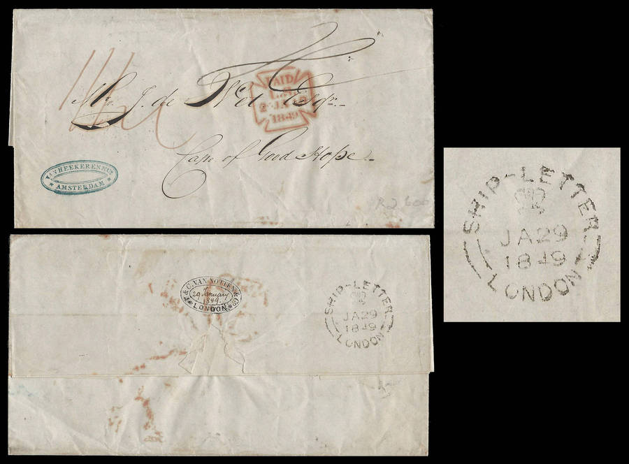 Great Britain.  1849 Entire from Amsterdam to Cape of Good Hope. London Ship Letter cancel on rever