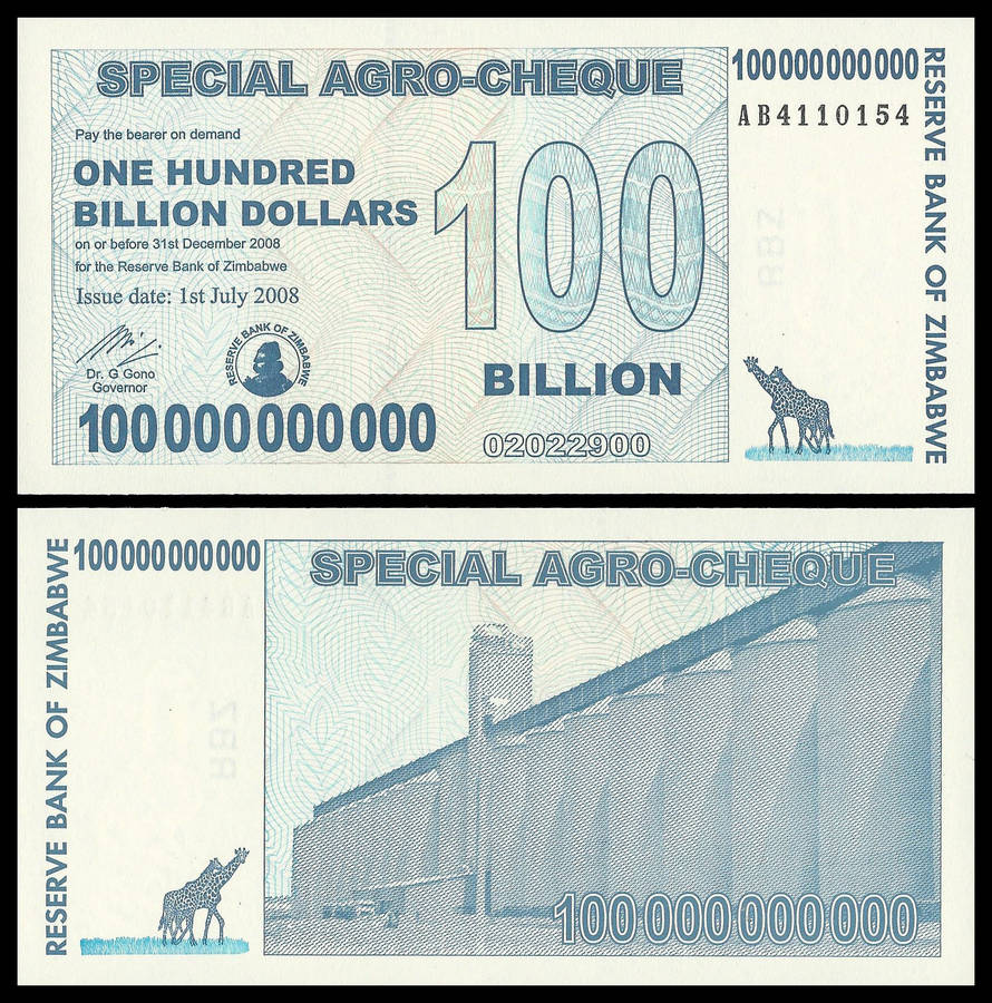 Zimbabwe.  Uncirculated.  100 Billion Dollars Special Agro-Cheque Banknote.