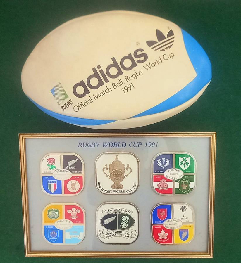 Rugby World Cup 1991 - match ball and team coasters collage