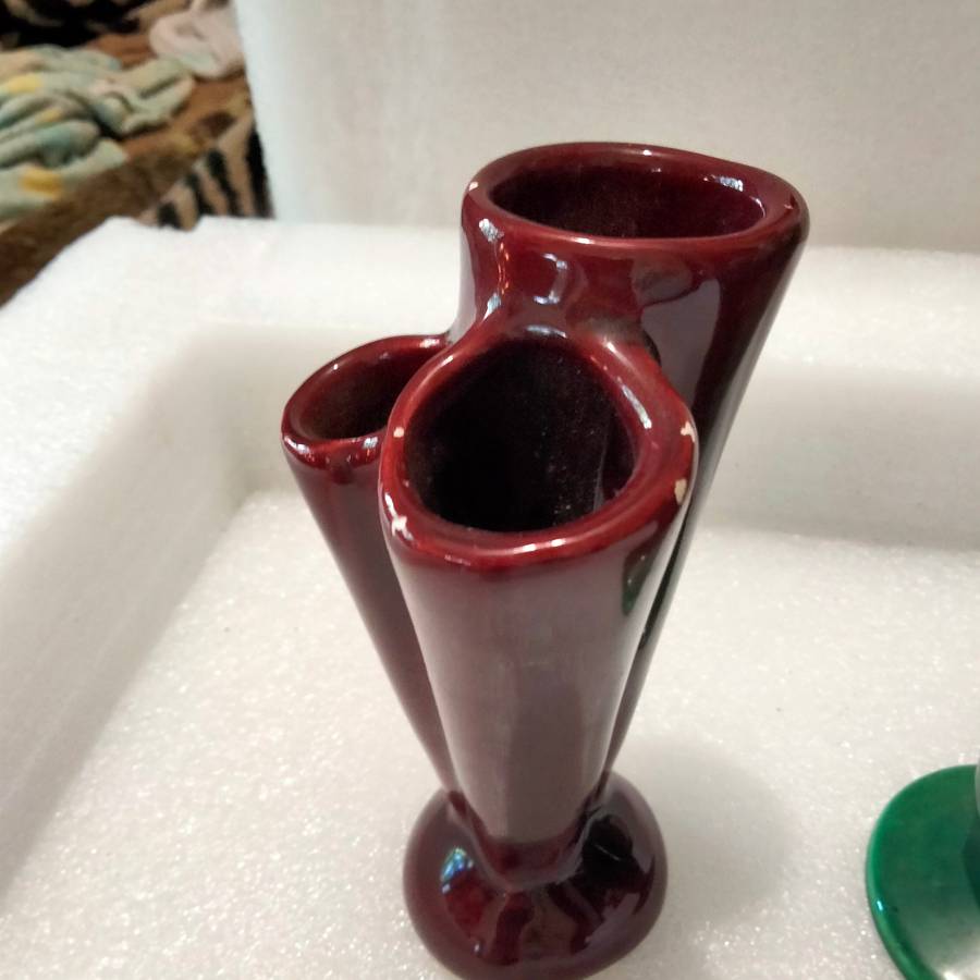VASE - 3 tube Openings Maroon Ceramic LOOK At My BUY NOW Listings NO WAITING