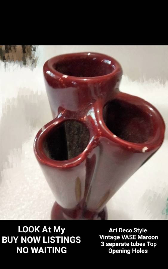 VASE - 3 tube Openings Maroon Ceramic LOOK At My BUY NOW Listings NO WAITING