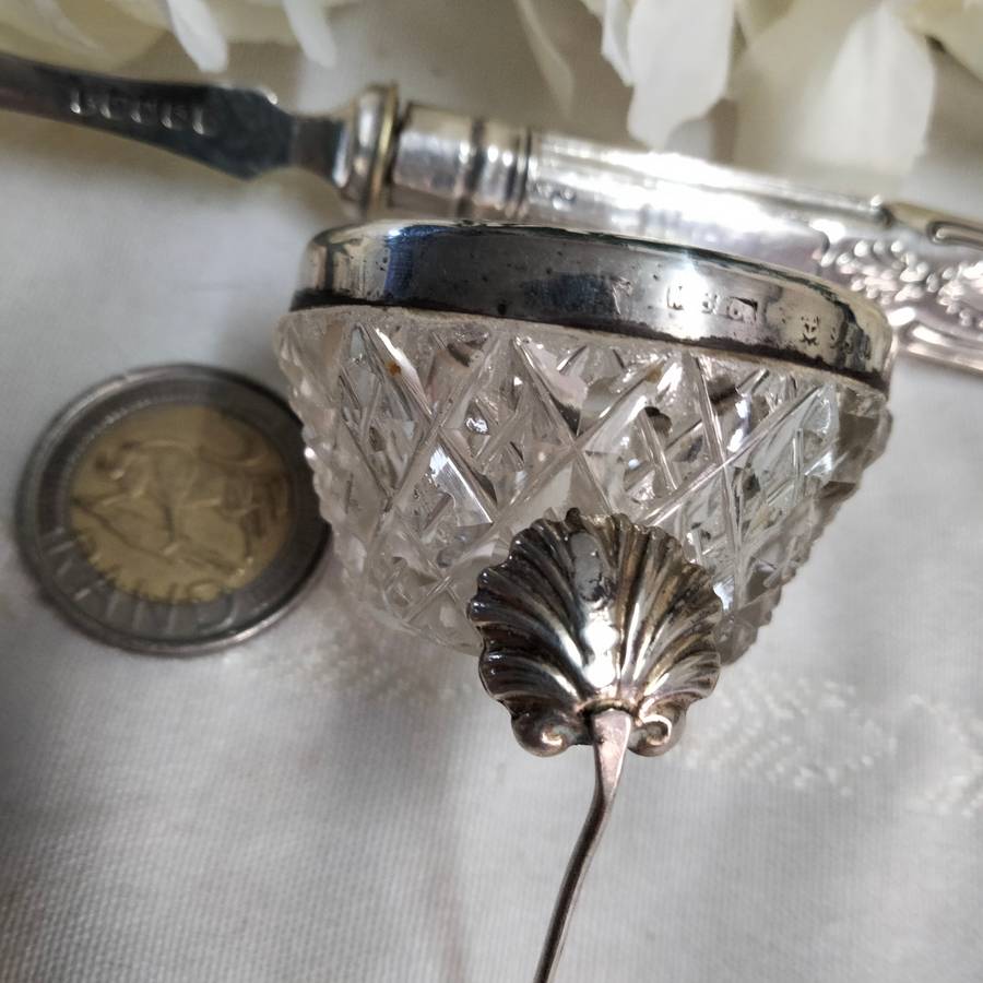 Antique Sterling Silver Bread fork+Spoon40 gr.-Open salt Sterling Silver Collar W. 34 gr. for 1 bid
