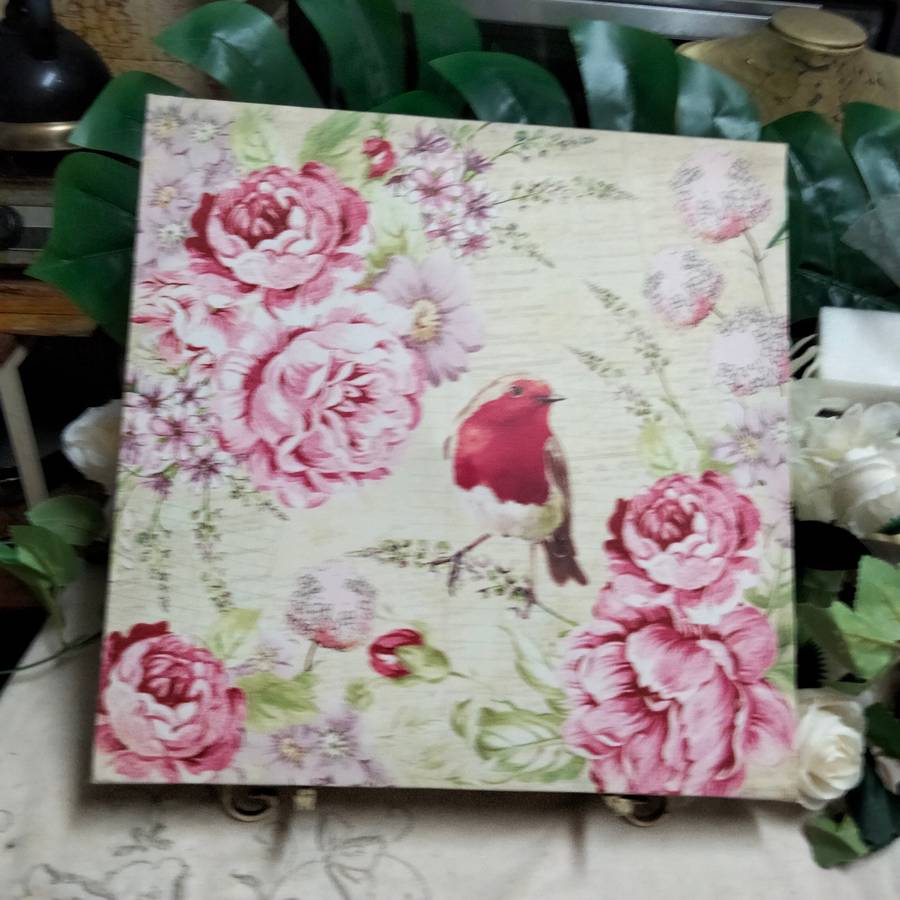 PAINTING Bird + floral scene-Canvas stretched over wood frame LOOK At My BUY NOW LISTING NO WAITING