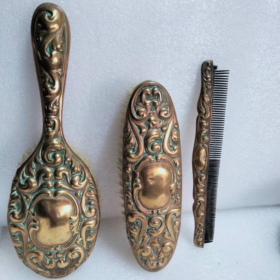 1900s Antique Art Nouveau Clothes Brush+Brush+Comb Set -Silver Plated all lost -Showing ware