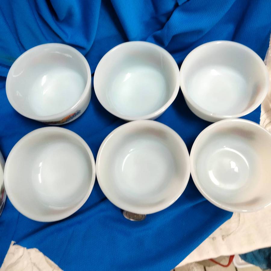 JAJ Cottage Rose Miilk glass Mixing Bowl+6 FIREKING anchorHocking bowlsLOOK At My BUY NOW-NO WAITING