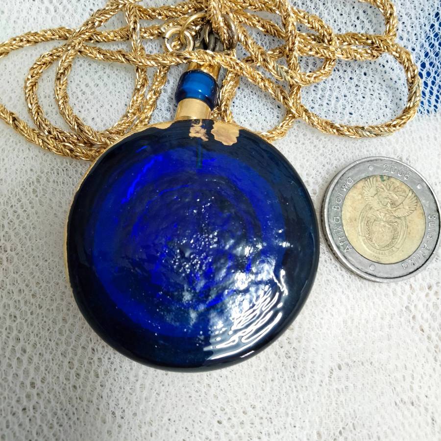 Necklace Icon Cobolt gold trim Handcrafted + decorated + Rope chain gold tone