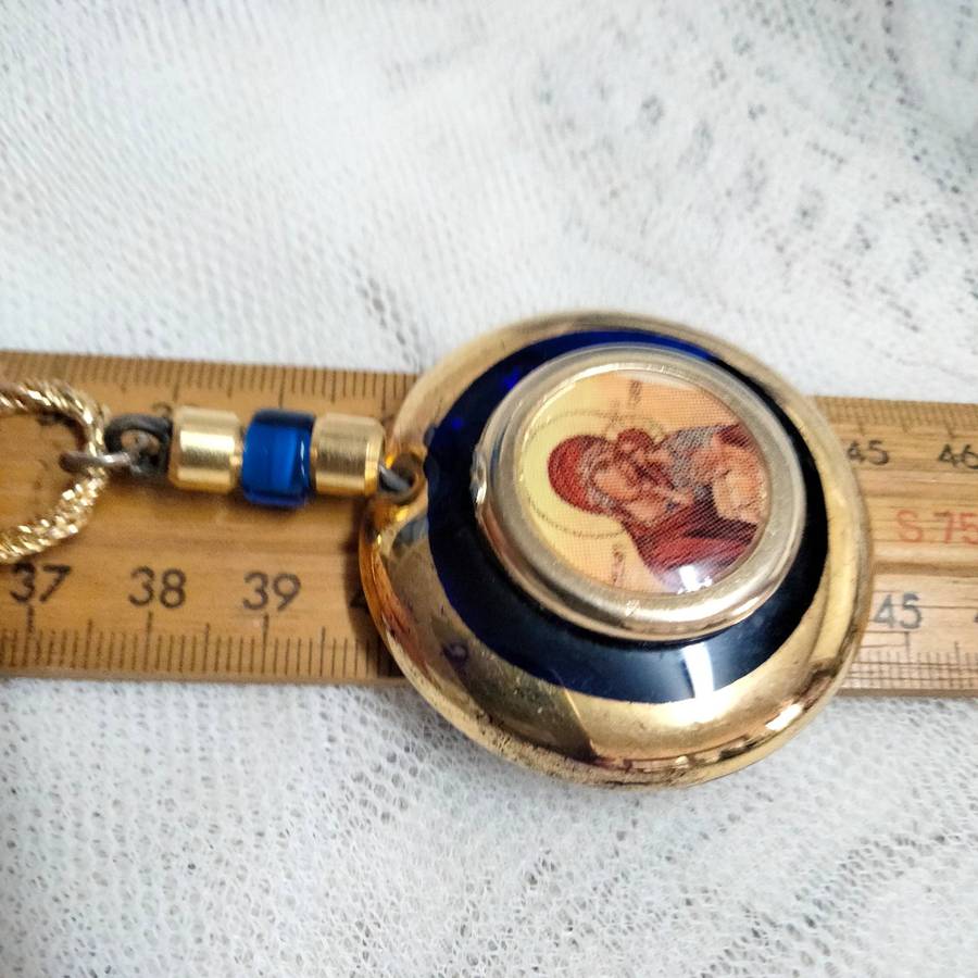 Necklace Icon Cobolt gold trim Handcrafted + decorated + Rope chain gold tone