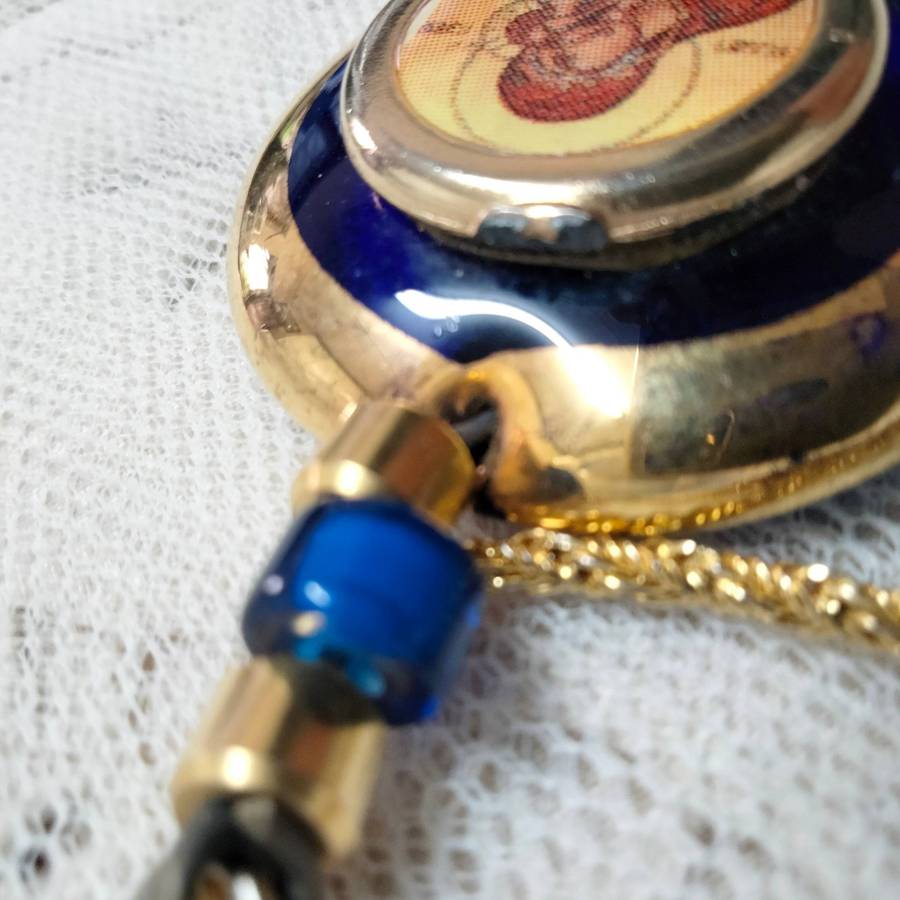 Necklace Icon Cobolt gold trim Handcrafted + decorated + Rope chain gold tone