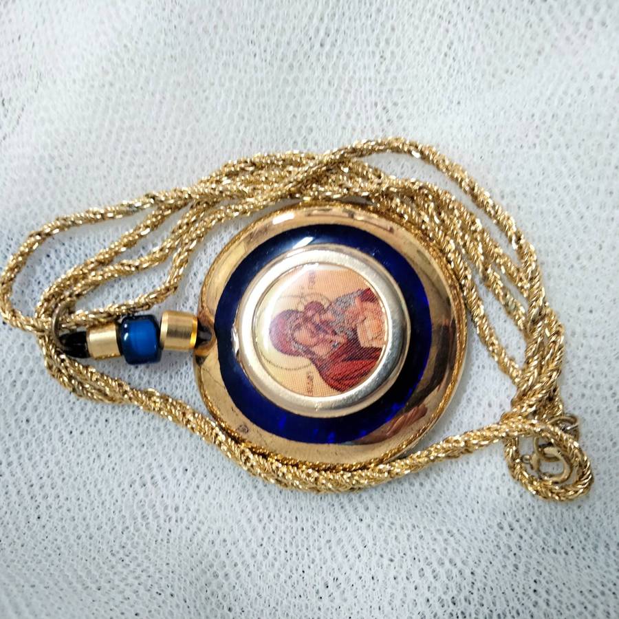 Necklace Icon Cobolt gold trim Handcrafted + decorated + Rope chain gold tone