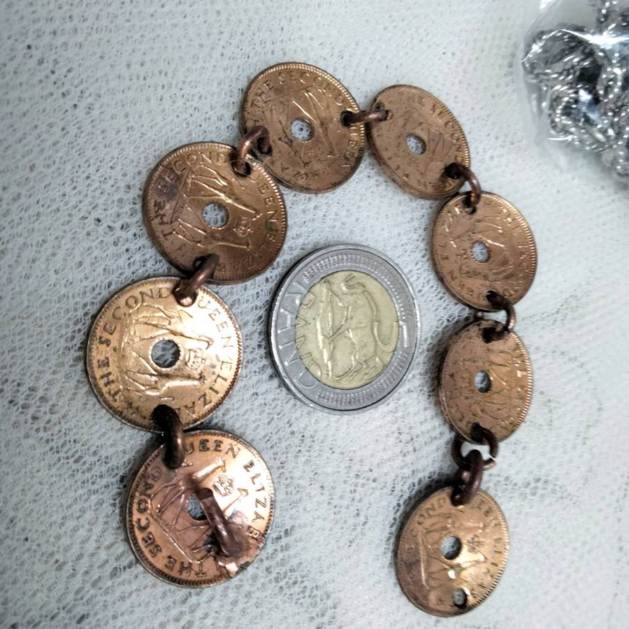 bracelet- Coins Rhodesia+Nyasaland half penny  link rings into holes LOOK At My BUY NOW NO WAITING