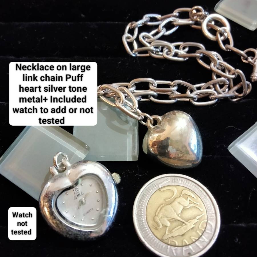 Necklace -vintage puff heart Pendant big links Chain+to add on 1 heart shape watch not tested S/S