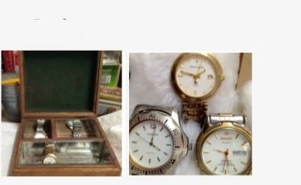 4 items-Wood hinged box 3 div.1has mirror+3 WATCHES forSPARES LOOK AT MY BUY NOW LISTINGS NO WAITING