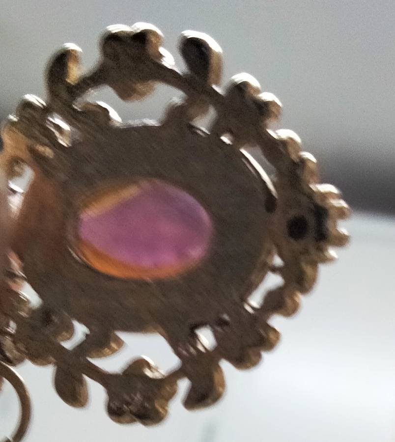 Necklace 1980 CAMEO 3D Glass Amethyst fab Rhinestones in flowers+leaves rope trim chain gold tone