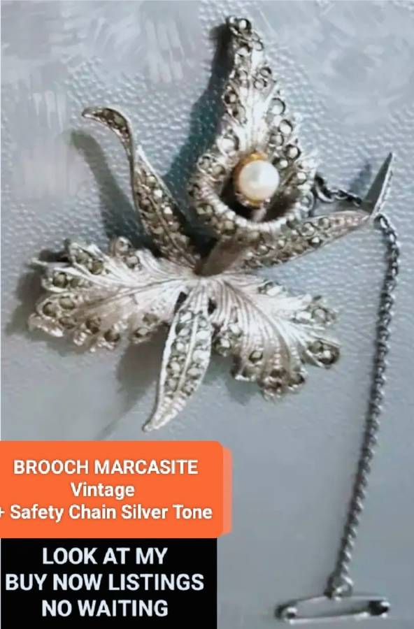 BROOCH- Vintage MARCASITE  FAUX  PEARL  SAFETY chain PIN