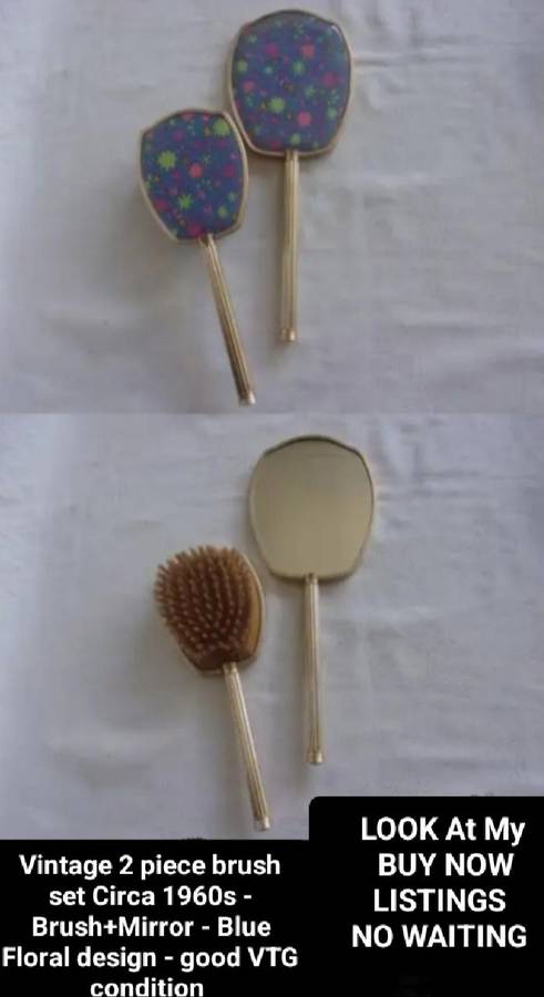 Mirror+Brush2 piece Set Vanity dressing table decor Blue floral Vintage 1960s Gilding loss