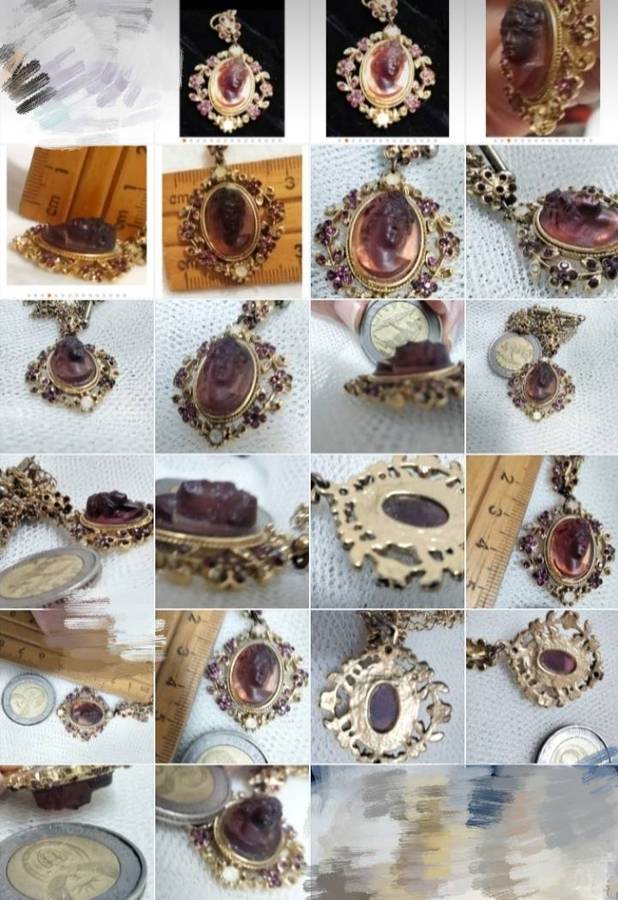 Necklace 1980 CAMEO 3D Glass Amethyst fab Rhinestones in flowers+leaves rope trim chain gold tone