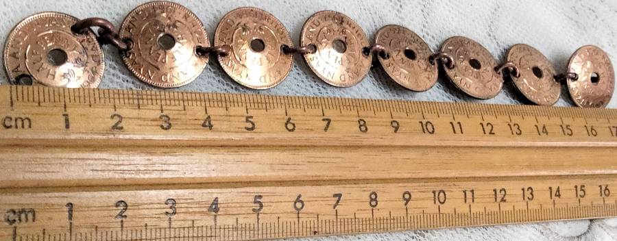 bracelet- Coins Rhodesia+Nyasaland half penny  link rings into holes LOOK At My BUY NOW NO WAITING