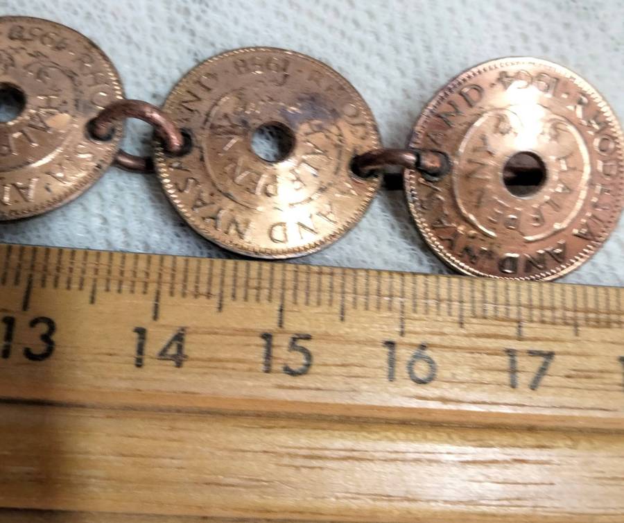 bracelet- Coins Rhodesia+Nyasaland half penny  link rings into holes LOOK At My BUY NOW NO WAITING
