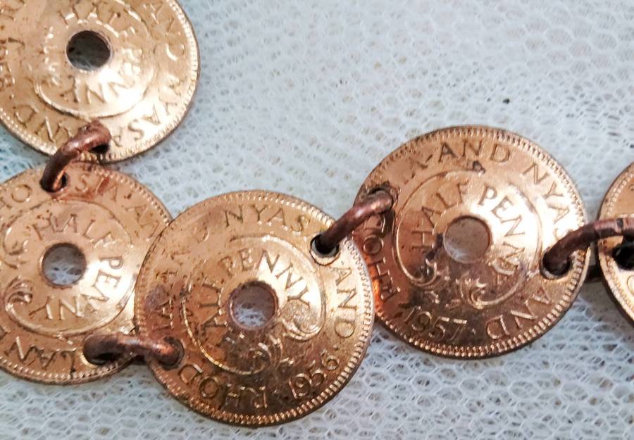 bracelet- Coins Rhodesia+Nyasaland half penny  link rings into holes LOOK At My BUY NOW NO WAITING