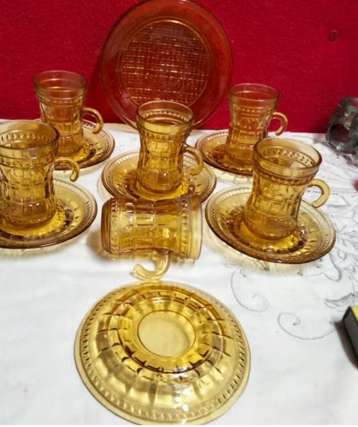 6 Amber glass Cups+saucers small hook handle Turkish style LOOK At All My BUY NOW ltems NO WAITING