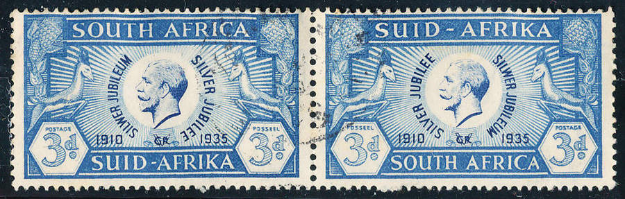 South Africa - 1935 - Silver Jubilee - 3d blue horiz pair fine used . SACC 66 .