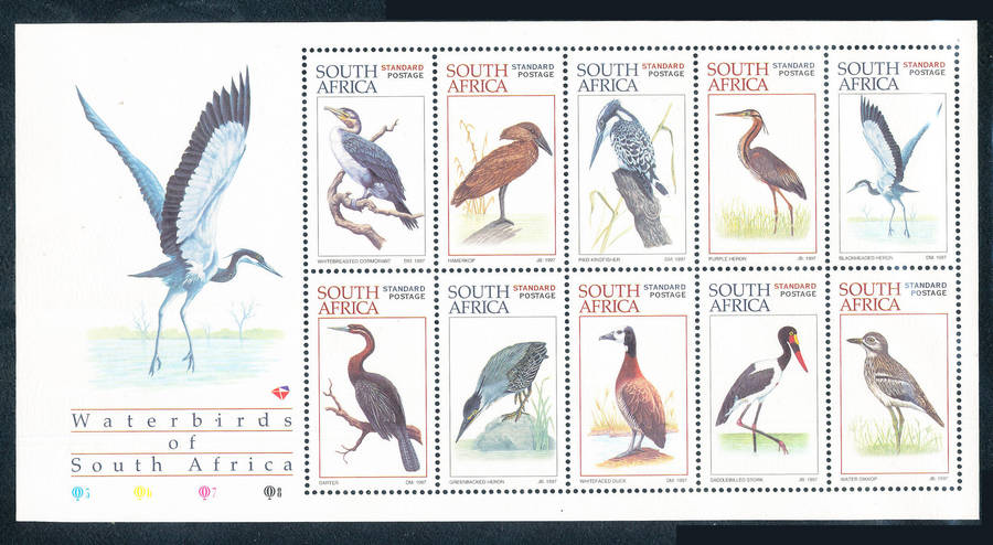 South Africa - 1997 - Waterbirds of SA - sheetlet of 10 std postage stamps mint unhinged SACC 1043 .