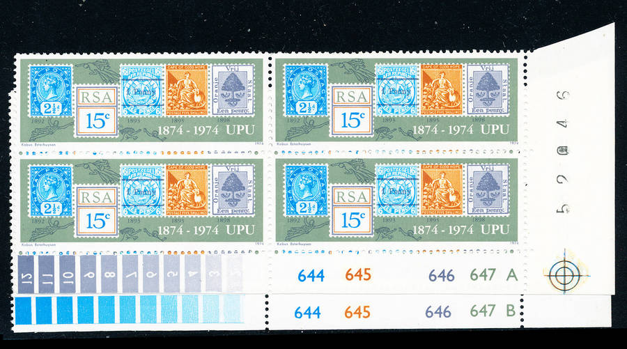 South Africa - 1974 - Cent of U.P.U. 15c x 2 ctrl A & B blks of 4 cyl 644-647 u.m. . SACC 358 .