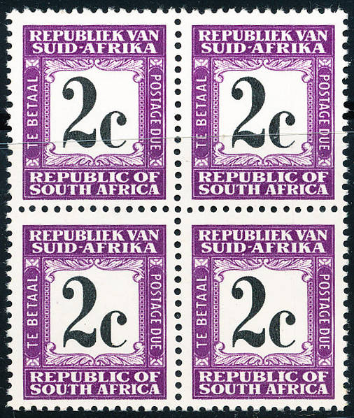 South Africa Postage Dues - 1969-71 - 2c (Har) perf 14 mint unhinged blk of 4 Cat R1200 . D57ah .