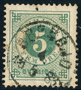 Sweden - 1872-79 - Defins - 5ö deep-green perf 13 fine used . 18ba .