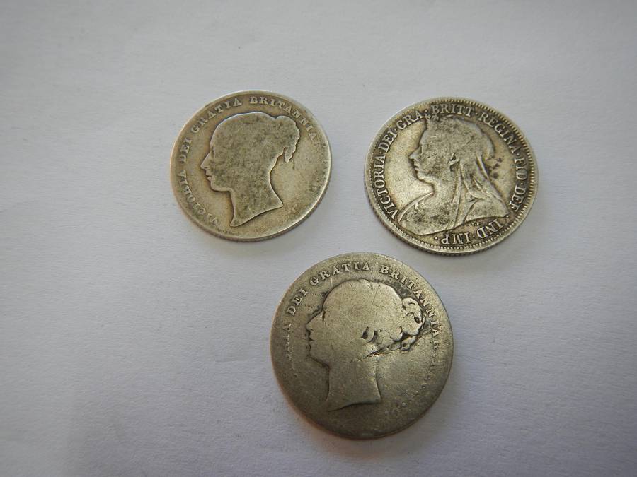 Three Silver Victorian one shilling coins /1bid for all
