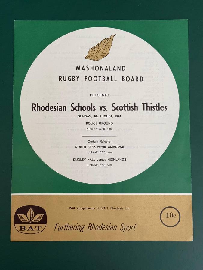 Rugby Programme - Rhodesian Schools vs Scottish Thistles 04/08/1974