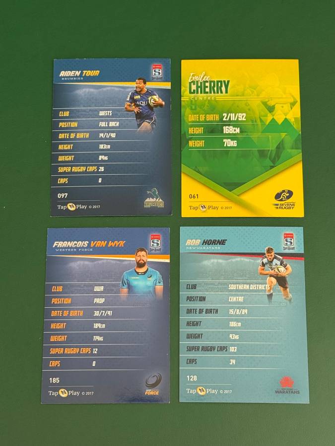 Rugby Cards - 4 (Four) * 2016 Tap and Play Australia/Super Rugby/Sevens Rugby Cards