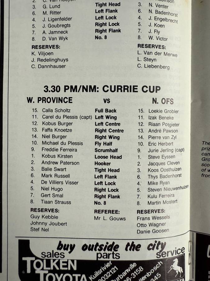 Rugby Programme - Western Province vs Northern Free State (Baumgarten) 05/08/1989