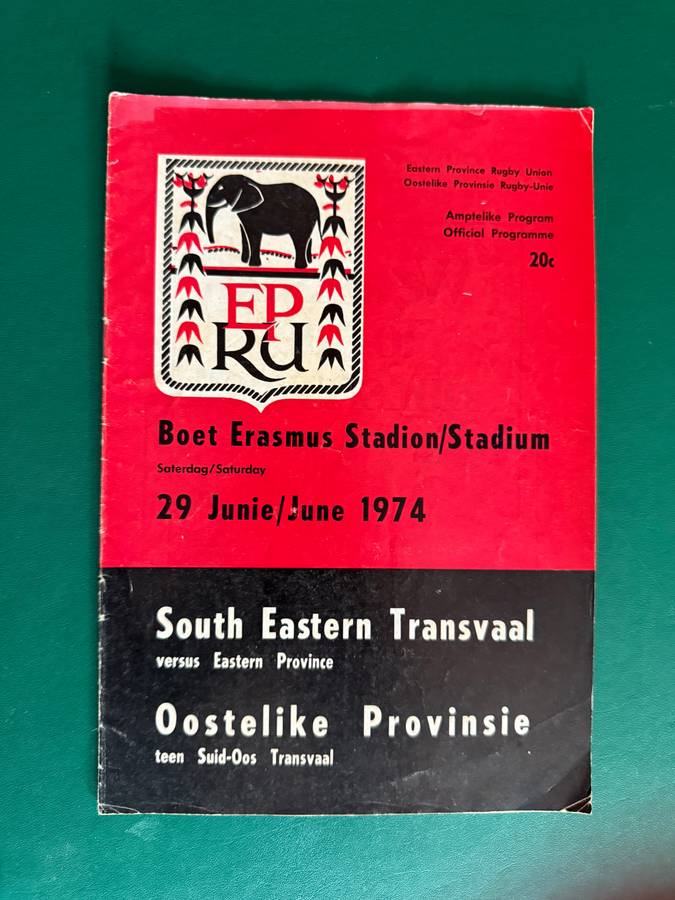 Rugby Programme - Eastern Province vs South-Eastern Transvaal 29/06/1974