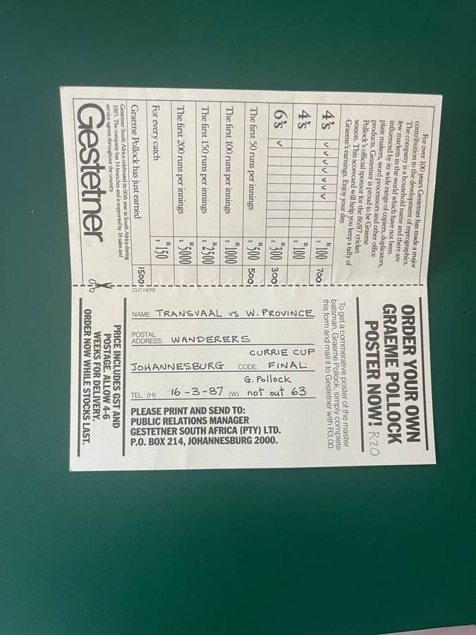 Cricket - Greame Pollock Scorecard Folder