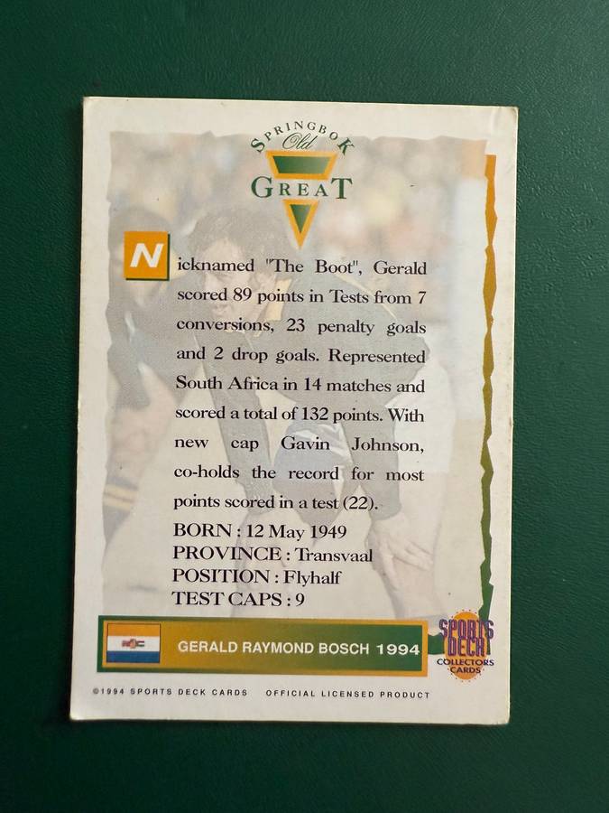 Rugby Card - Gerald Bosch (Nr34/90) 1994 Sports Deck Rugby Card
