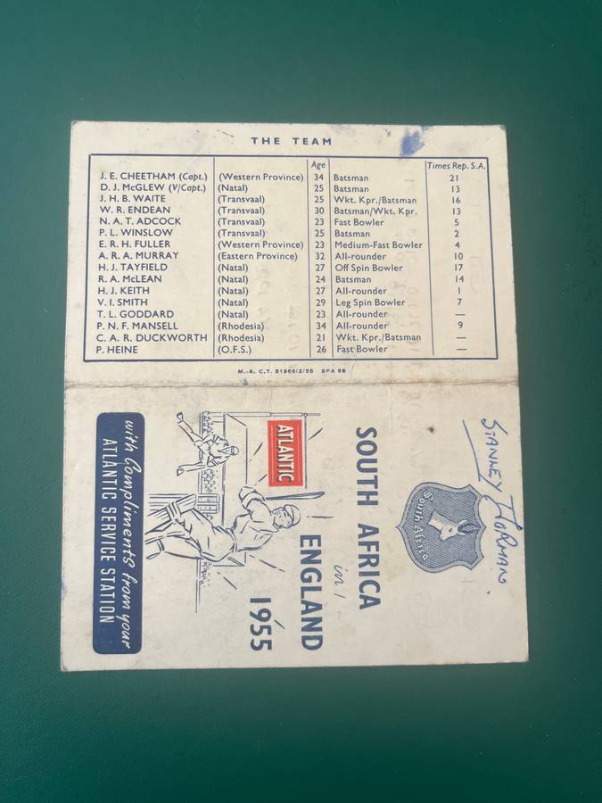 Cricket Itinerary - 1955 South-Africa in England with Compliments of Atlantic Service Station