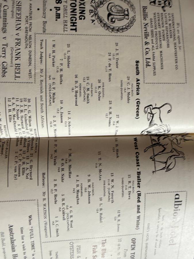 Rugby Programme - *Rare* South-Africa vs West Coast-Buller 27/07/1965